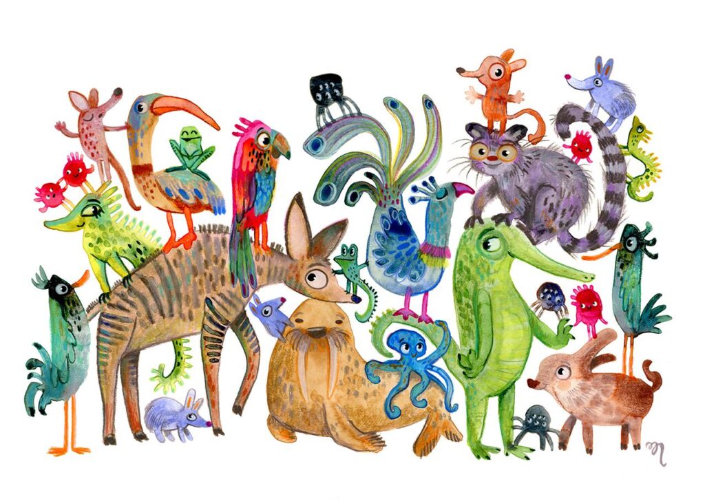 K1600_Animal-Parade-with-lots-of-cute-animal-characters-watercolour-and-pencil-Katrin-Meiller