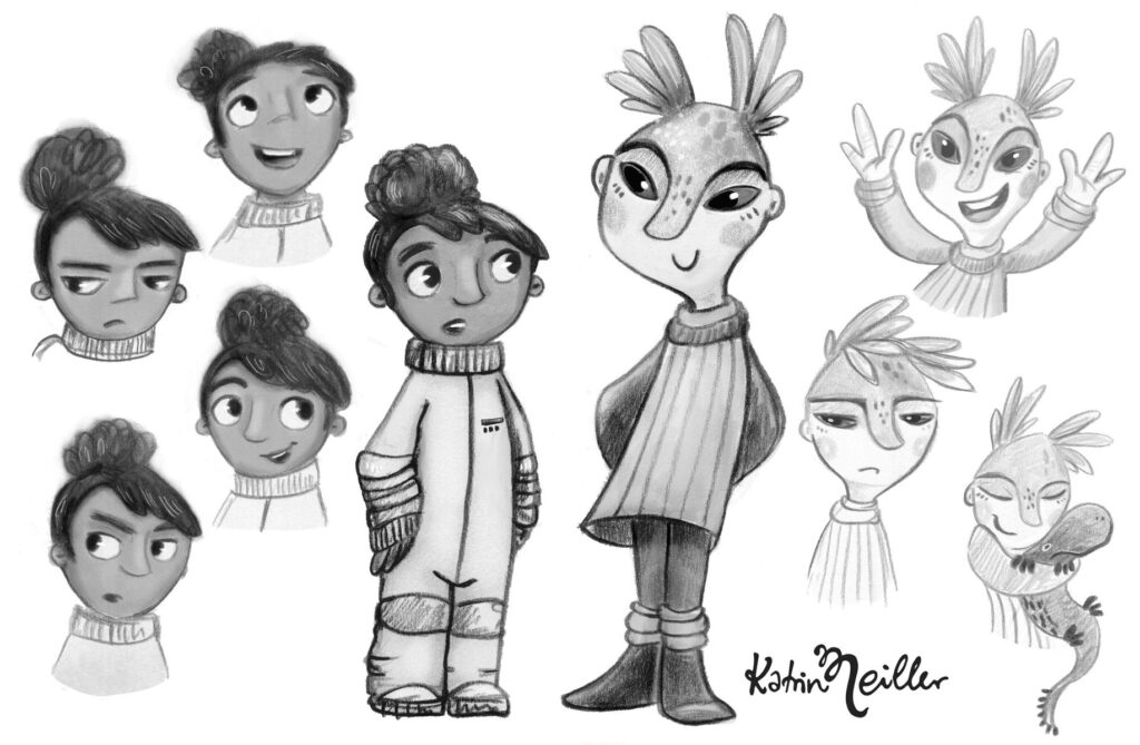 K1600_Spacegirl-und-Alien-girl-greyscale-Katrin-Meiller